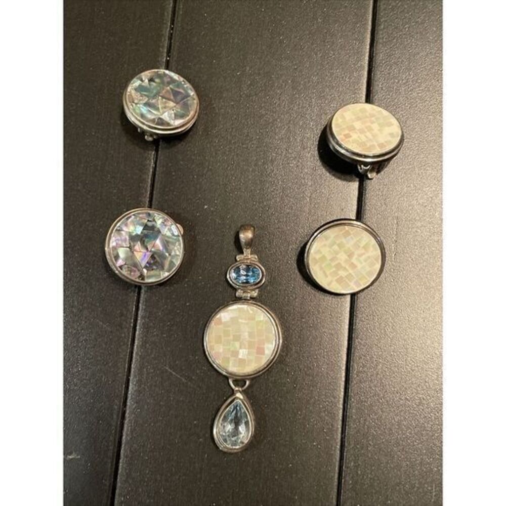 2 Set Of Vintage JG Sterling 925 Mother Of Pearl Clip On Earrings & Pendant